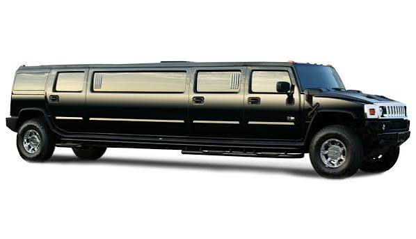 A black Hummer limousine viewed from the side against a white background. The vehicle features an elongated body with multiple tinted windows, chunky tires, and a prominent front grille.
