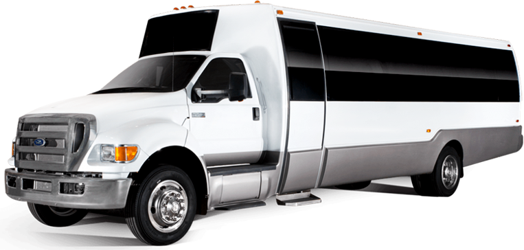 A white and silver passenger shuttle bus is parked against a plain background. The vehicle features a large, rectangular black tinted window running along the side, a silver grille, and chrome bumpers.